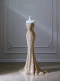 Pretty Mermaid Strapless Gold Sequin Beads Long Prom Dresses Formal Evening Dress, HZ0307