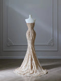 Pretty Mermaid Strapless Gold Sequin Beads Long Prom Dresses Formal Evening Dress, HZ0307