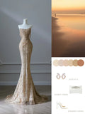 Pretty Mermaid Strapless Gold Sequin Beads Long Prom Dresses Formal Evening Dress, HZ0307
