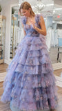 Purple Floral Ruffle Prom Dress, Floor Length Evening Party Dresses, HZ0307