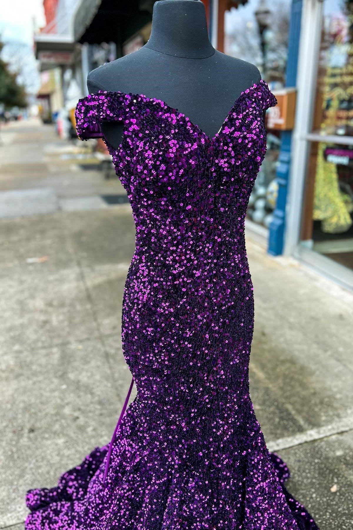 Purple Sequin Off the Shoulder Mermaid Long Formal HZ0307