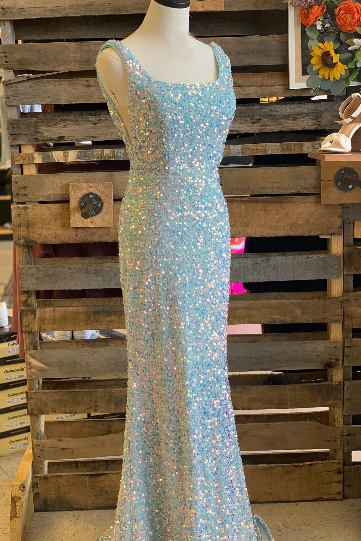 Red Sequin Square Neck Mermaid Long Formal HZ0307