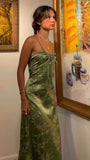 Retro Olive Green Floral Print Evening Prom Dresses Midi HZ0307