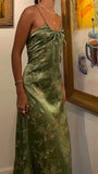 Retro Olive Green Floral Print Evening Prom Dresses Midi HZ0307