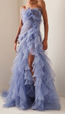 Ruffle Party Dress, Slit Evening Prom Dress, Blue Sleeveless Celebrity HZ0307