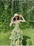 Pretty Irregular Ruffled Spaghetti Straps Green Prom Dresses With Detachable Rose Long Birthday Dress For Women, HZ0307