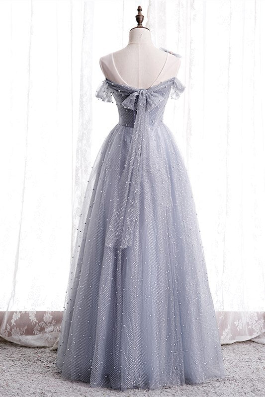 A-line Grey Tulle Long Prom Dress with HZ0307