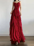 Sexy Mermaid Spaghetti Straps Red Chiffon Ruffles Birthday Dresses Long Prom Dress, HZ0307