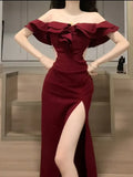 Sexy Sheath Off The Shoulder Burgundy Slit Holiday Prom Dresses Night Dress Birthday Outfits , HZ0307