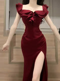Sexy Sheath Off The Shoulder Burgundy Slit Holiday Prom Dresses Night Dress Birthday Outfits , HZ0307