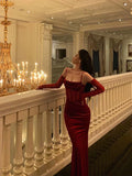 Sexy Sheath Spaghetti Straps Lace Red Velvet Long Prom Dresses Birthday Outfits With Gloves , HZ0307