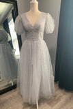 Short Puffy Sleeves Grey Sparkle Tea Length HZ0307