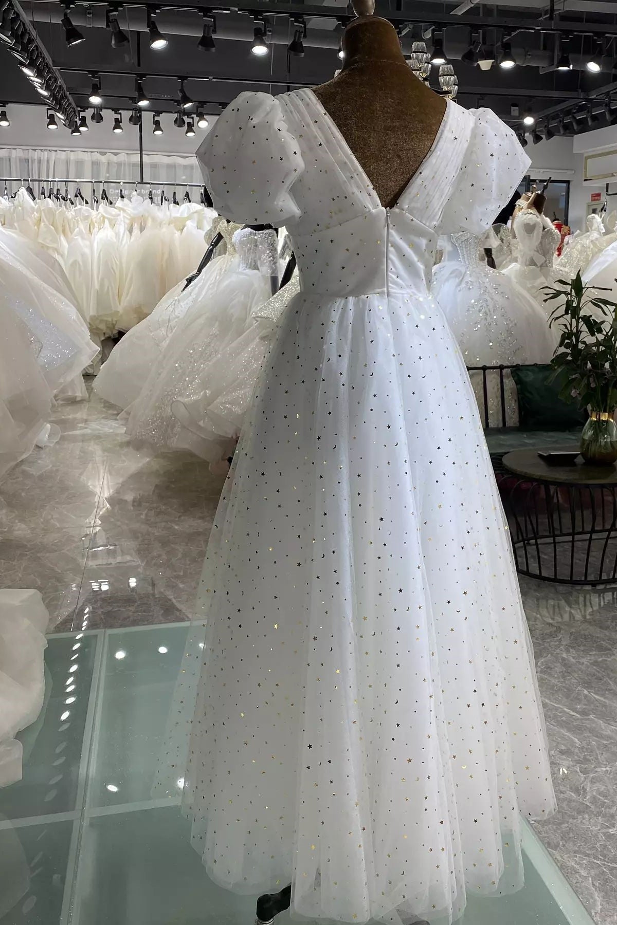 Short Puffy Sleeves White Stars Tea Length HZ0307