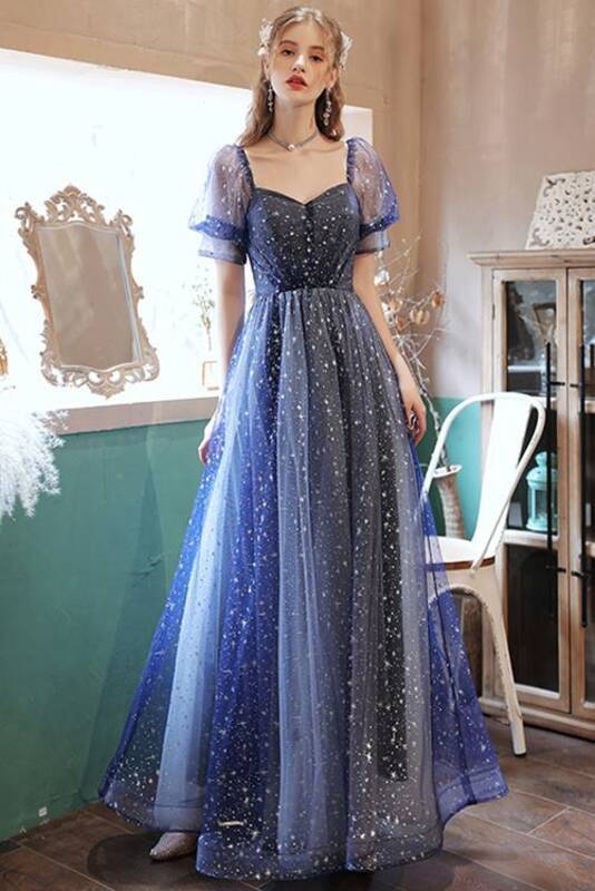 Short Sleeves Navy Blue Long Prom HZ0307