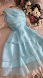 Sky Blue Organza Homecoming Dress, Ruffle One Shoulder Mini Party Gown, HZ0307