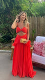 Spaghetti Straps Red Pleated Chiffon Senior Prom Dress, Party Gown, HZ0307