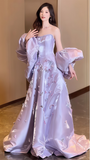 Sparkle Lilac Flowy Prom Dresses, Strapless A-Line Evening Gown, HZ0307