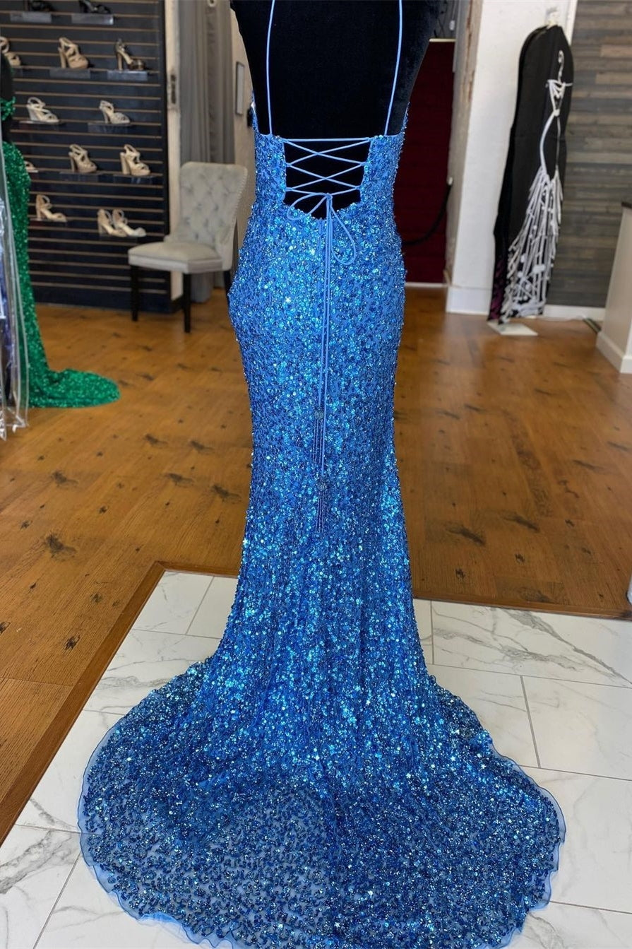 Sparkle Blue Sequin Mermaid Side Slit Long Formal HZ0307