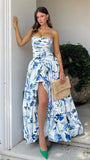 Spring Floral Strapless Prom Dresses Split Evening Party HZ0307