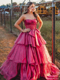 Strapless A-Line Organza Ruffle Prom Dress, Sleeveless Bowknot Evening Gown, HZ0307