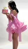 Sweet Birthday Party Dresses Off The Shoulder Pink Chiffon Mini Short Formal 8th Grade Homecoming Dresses Summer Middle School Hoco Dress Homecoming Outfits Celebration Outfit HZ0307