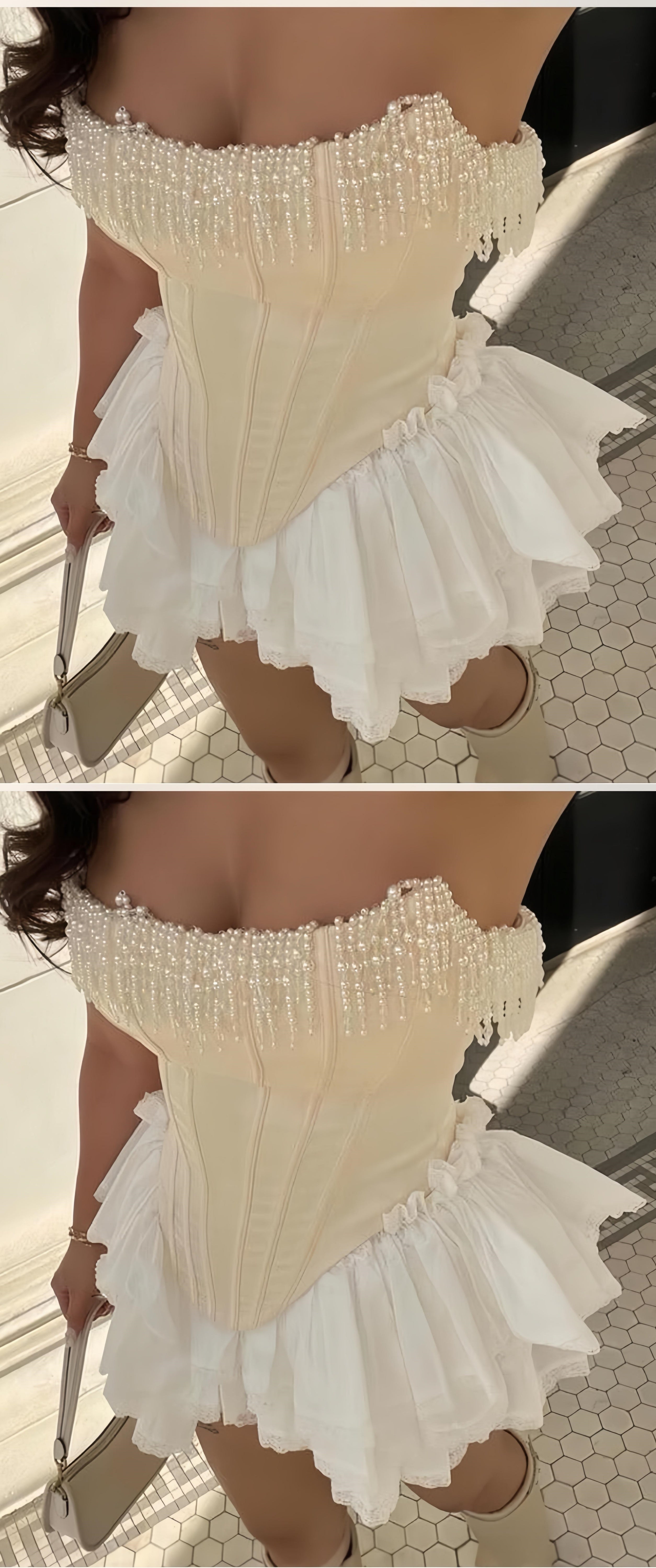 Sweet Off White Pearl Lace Short Party Dresses Mini Homecoming HZ0307