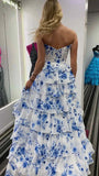 Sweetheart Blue White Floral Chiffon Ruffle Prom Dress Long Evening Party Dress, HZ0307