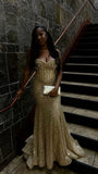 Sweetheart Mermaid Gold Prom Dresses Long Beaded Evening Formal HZ0307