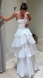 White Strapless Pleated Ruffle Prom Dress, Floor Length Wedding Reception HZ0307
