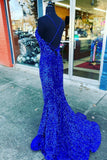 V Neck Royal Blue Sequin Mermaid Long Prom HZ0307