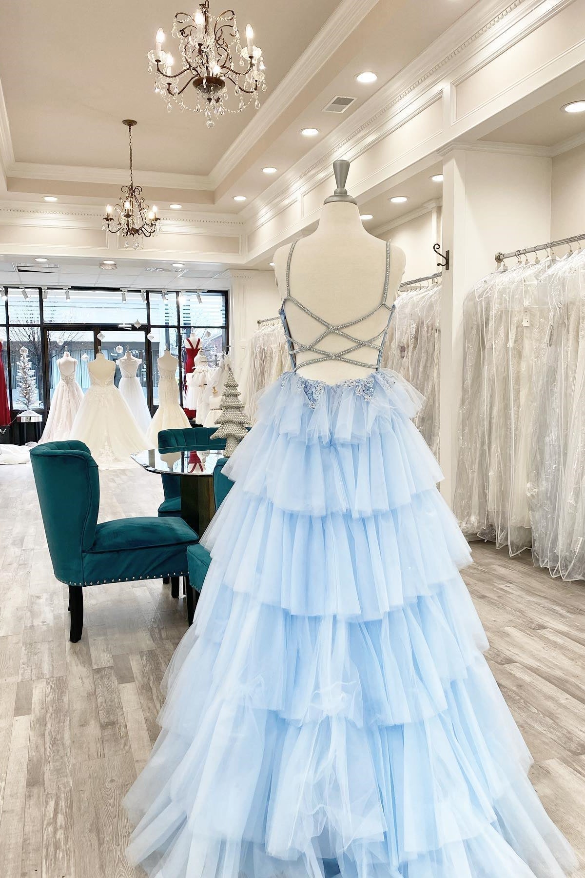 Blue Tiered Layers Lace Appliques A-line Long Formal HZ0307