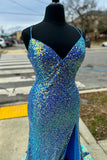 Blue Sequin Straps Mermaid Long Party Dress with HZ0307
