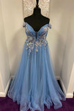 Off the Shoulder Blue Floral Appliques A-line Long Formal HZ0307