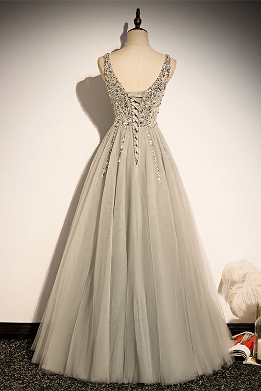 Classic A-line Grey and Silver Sequins Formal HZ0307