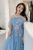 Straps Blue and Floral Embroidered Long Formal HZ0307