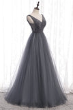 A-line Beaded Grey Tulle Long Party HZ0307