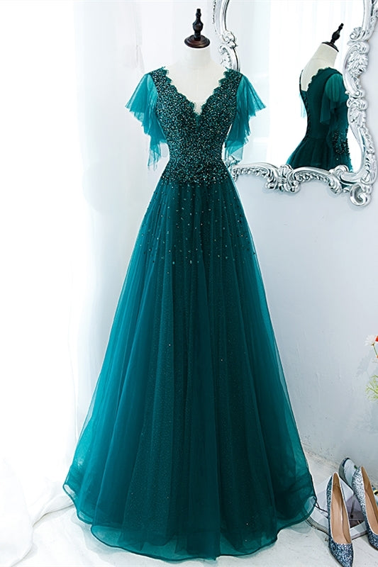 Green A-line Appliques Long Formal Dress with Flutter HZ0307