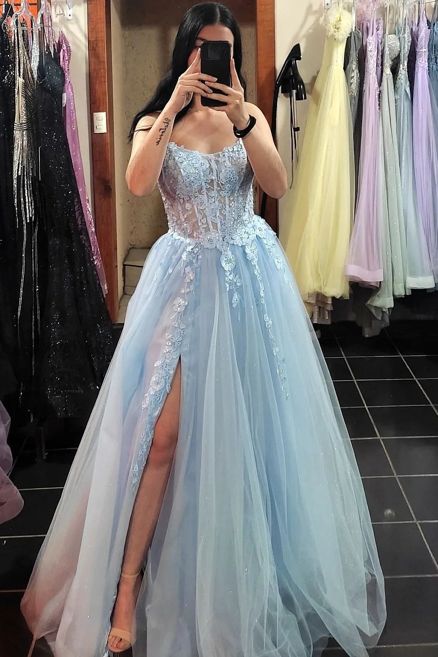 Princess Light Blue Lace Appliques A-line Formal HZ0307