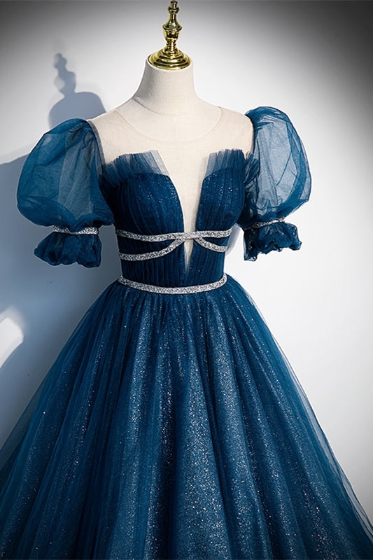 Blue A-line Tulle Long Formal Dress with Short Puffy HZ0307