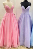 Princess Pink A-line Spaghetti Straps Long Prom HZ0307