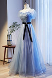 Cap Sleeves Blue A-line Tulle Long Formal HZ0307