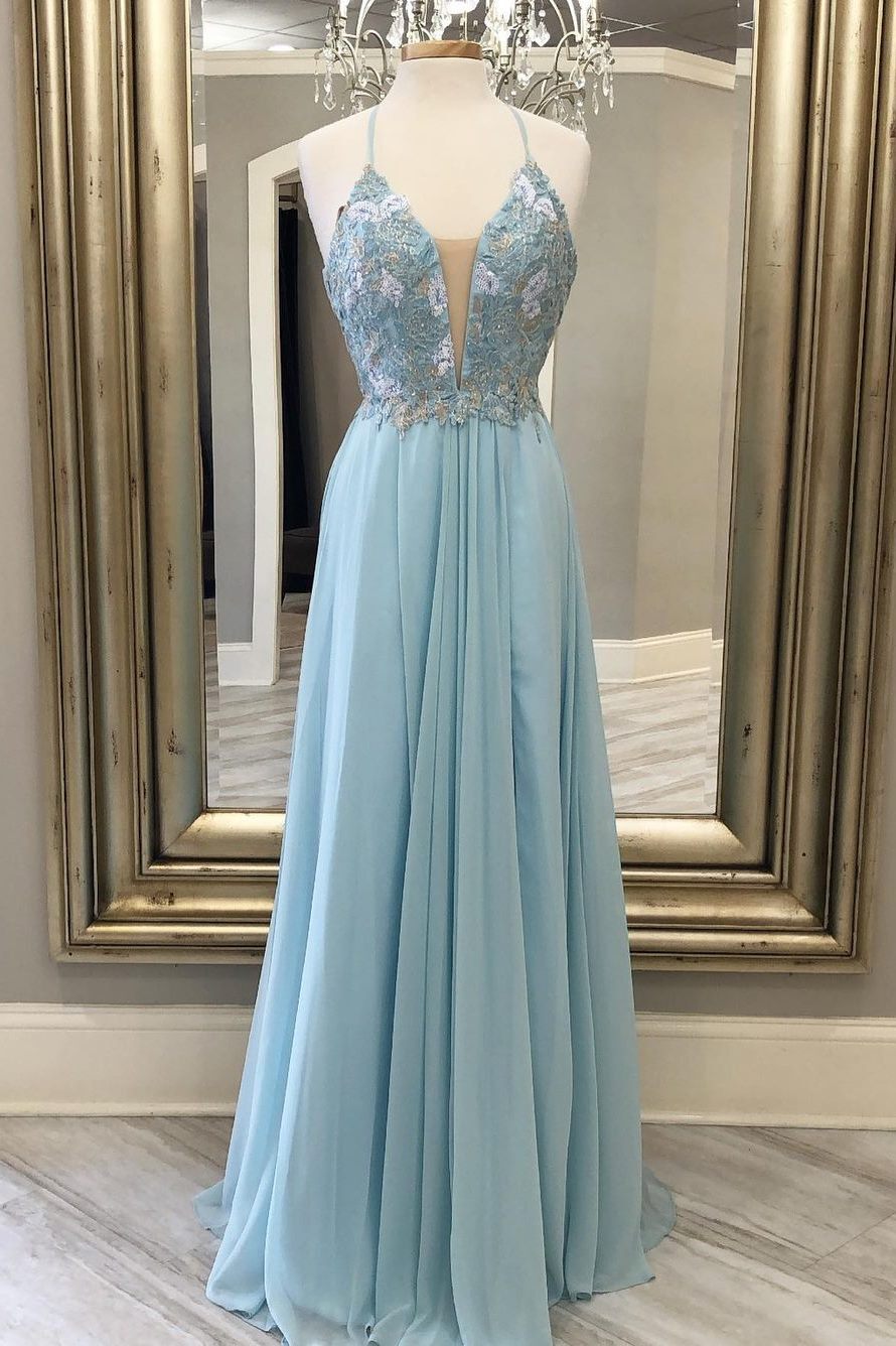 Princess Blue Floral A-line Chiffon Long Prom HZ0307