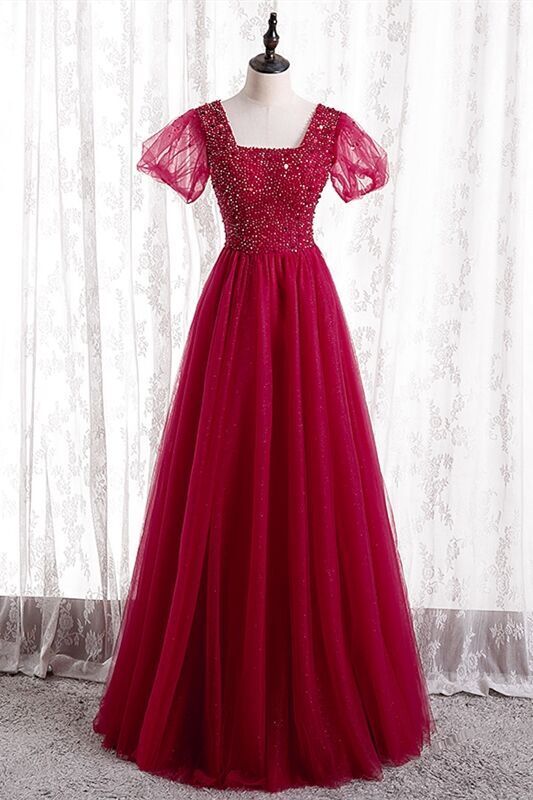 A-line Beaded Red Long Party Dress with Short HZ0307