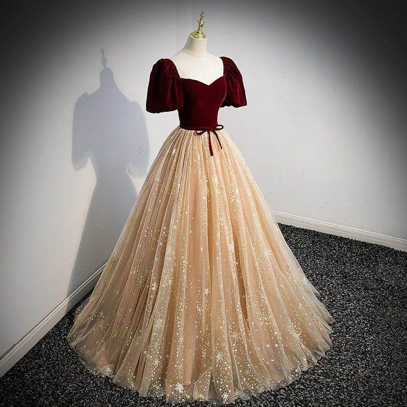 Short Sleeves Burgundy Velvet and Champagne Tulle Formal HZ0307