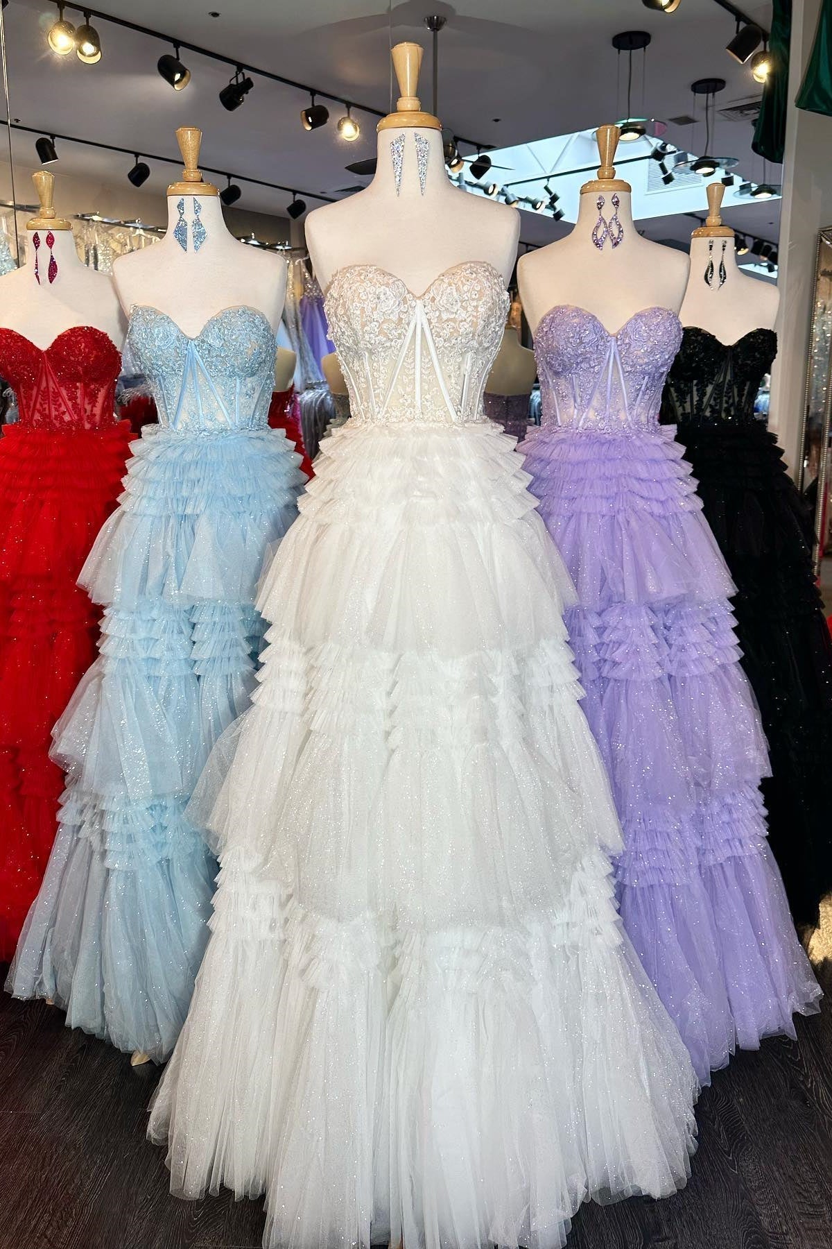 Sweetheart Lace and Tiered Ruffle Long Prom HZ0307