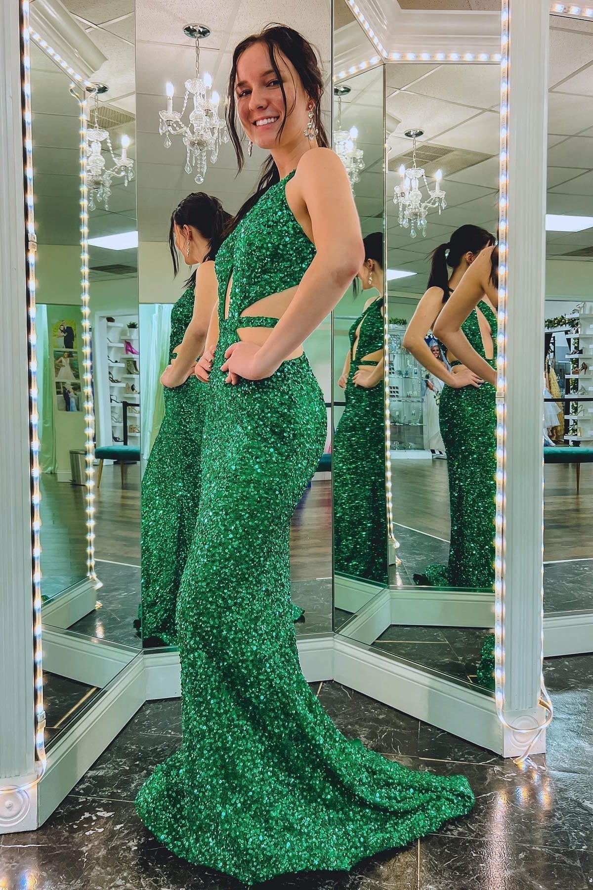 Sexy Green Sequin Halter Mermaid Long Formal HZ0307