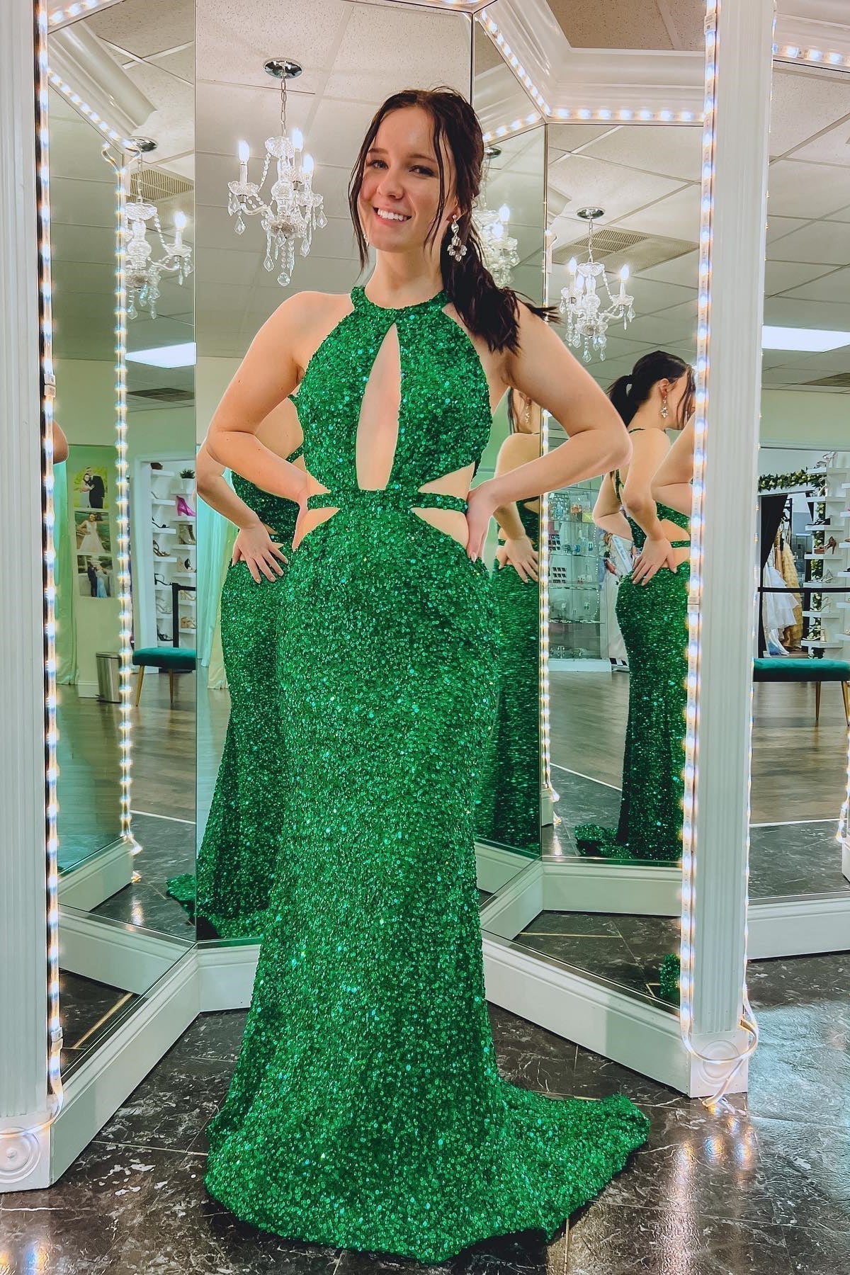 Sexy Green Sequin Halter Mermaid Long Formal HZ0307