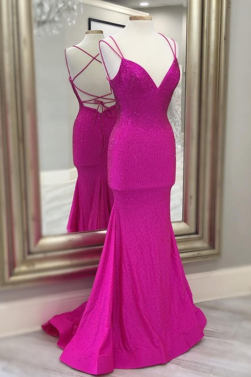 Mermaid Hot Pink Beaded Long Prom HZ0307