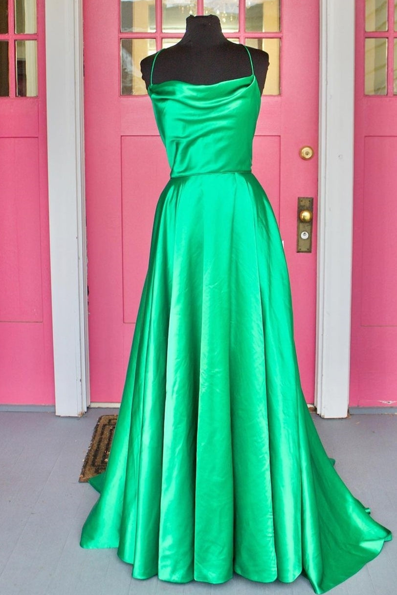 Simple Green A-line Spaghetti Straps Long Prom HZ0307
