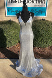 Shiny Silver Sequin V Neck Mermaid Long Prom HZ0307